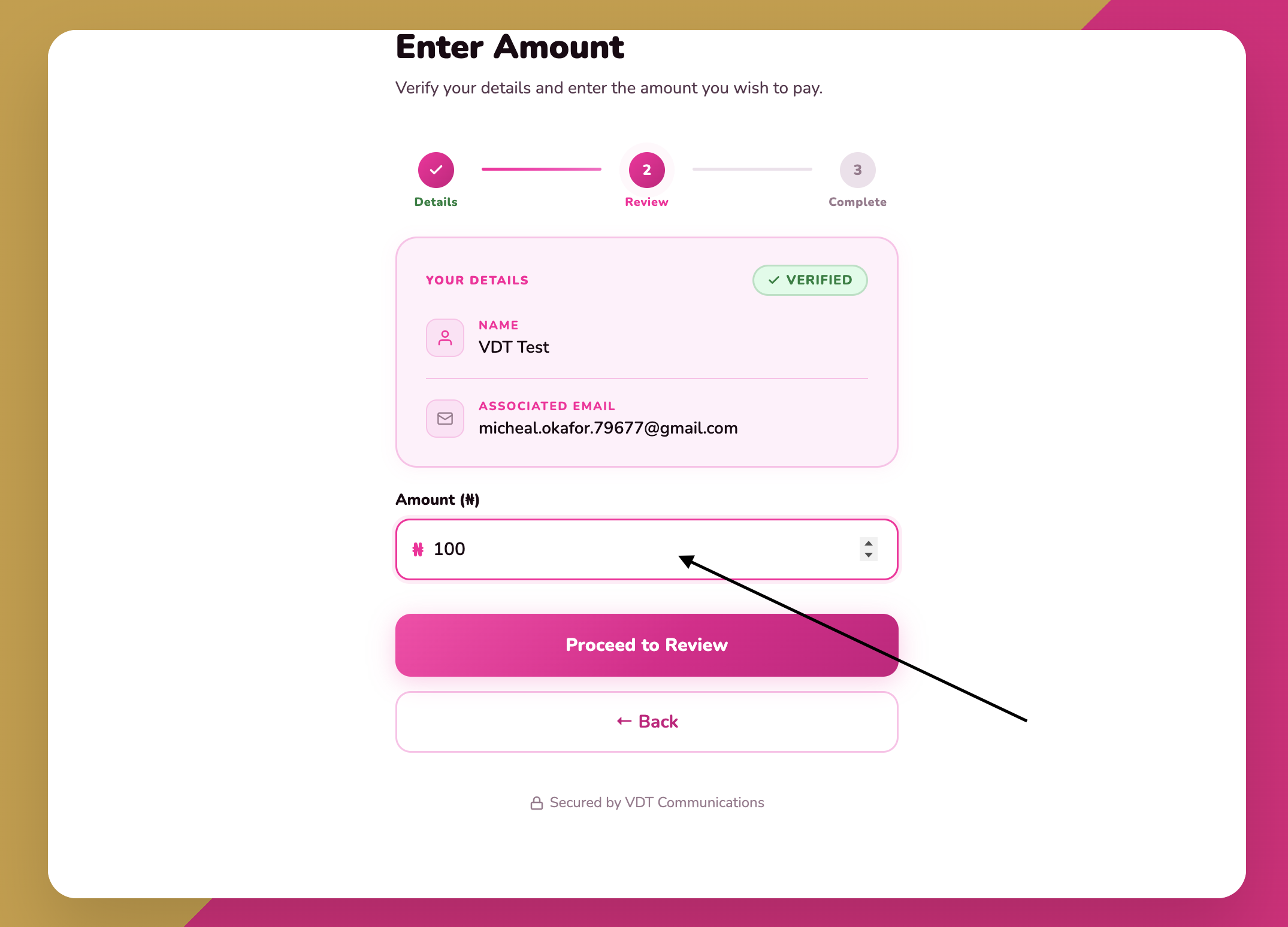 Step 4 – Enter the amount and click Proceed to Review