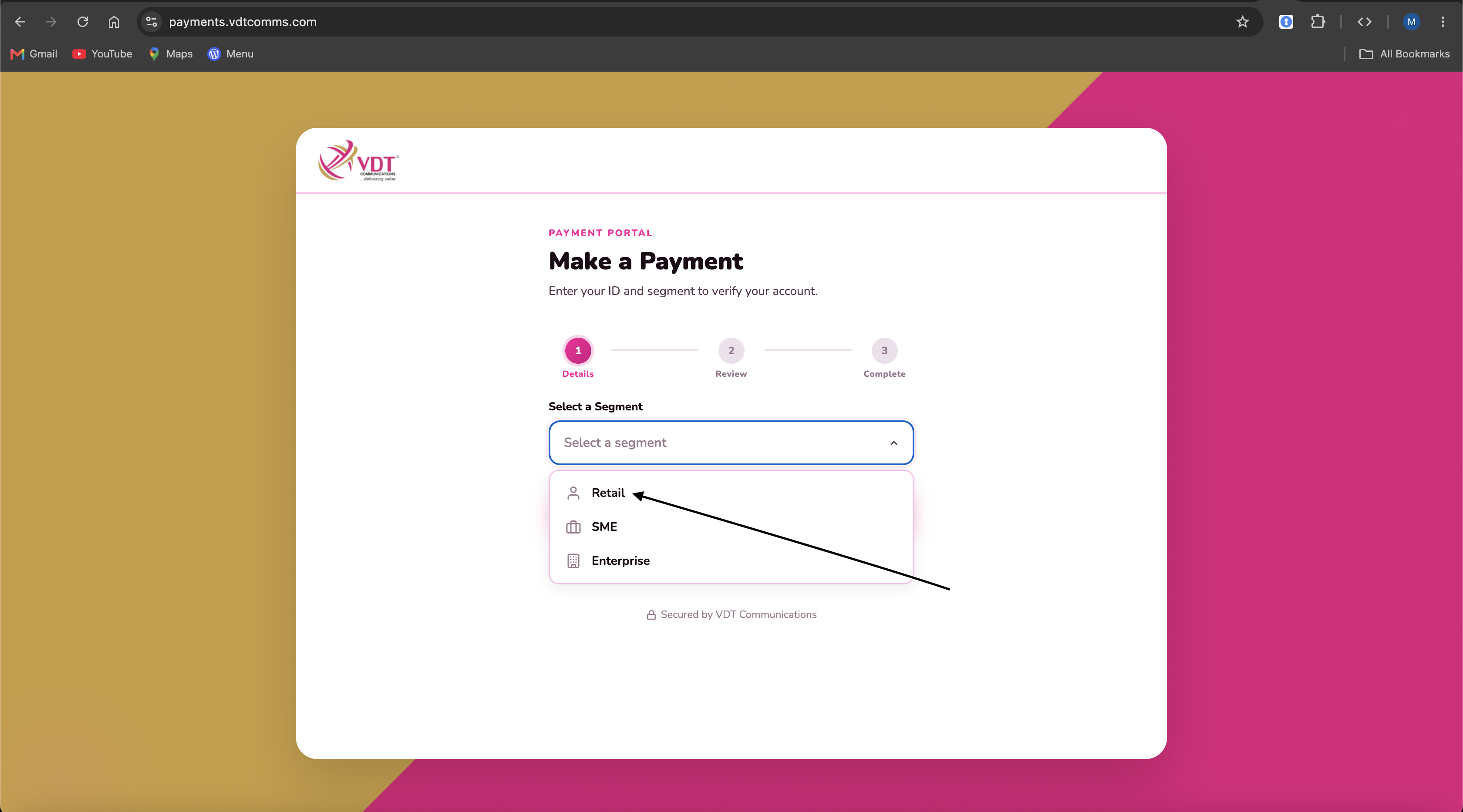 Step 2 – Select a Segment dropdown with Retail selected